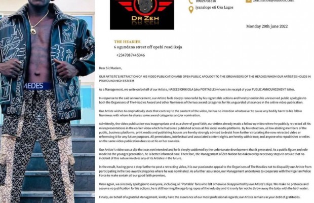 Portable Releases Official Statement Apologizing To Headies.